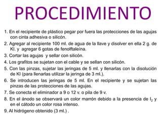 PROCEDIMIENTO
1. En el recipiente de plástico pegar por fuera las protecciones de las agujas
   con cinta adhesiva o silicón.
2. Agregar al recipiente 100 ml. de agua de la llave y disolver en ella 2 g. de
   KI. y agregar 6 gotas de fenolftaleína.
3. Cortar las agujas y sellar con silicón.
4. Los grafitos se sujetan con el cable y se sellan con silicón.
5. Con las pinzas, sujetar las jeringas de 5 ml. y llenarlas con la disolución
   de KI (para llenarlas utilizar la jeringa de 3 ml.).
6. Se introducen las jeringas de 5 ml. En el recipiente y se sujetan las
   pinzas de las protecciones de las agujas.
7. Se conecta el eliminador a 9 o 12 v. o pila de 9 v.
8. En el ánodo se observará un color marrón debido a la presencia de I2 y
   en el cátodo un color rosa intenso.
9. Al hidrógeno obtenido (3 ml.) .
 