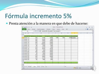 Fórmula incremento 5%
 Presta atención a la manera en que debe de hacerse:

 