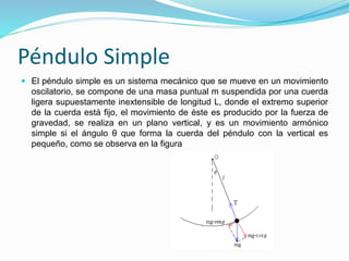 Péndulo Simple
 El péndulo simple es un sistema mecánico que se mueve en un movimiento
oscilatorio, se compone de una masa puntual m suspendida por una cuerda
ligera supuestamente inextensible de longitud L, donde el extremo superior
de la cuerda está fijo, el movimiento de éste es producido por la fuerza de
gravedad, se realiza en un plano vertical, y es un movimiento armónico
simple si el ángulo θ que forma la cuerda del péndulo con la vertical es
pequeño, como se observa en la figura
 