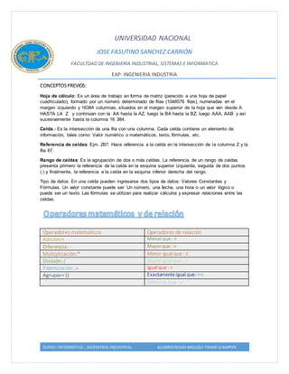 UNIVERSIDAD NACIONAL 
JOSE FASUTINO SANCHEZ CARRIÓN 
FACULTDAD DE INGENIERIA INDUSTRIAL, SISTEMAS E INFORMATICA 
EAP: INGENIERIA INDUSTRIA 
CONCEPTOS PREVIOS: 
Hoja de cálculo: Es un área de trabajo en forma de matriz (parecido a una hoja de papel 
cuadriculado), formado por un número determinado de filas (1048576 filas), numeradas en el 
margen izquierdo y 16384 columnas, situados en el margen superior de la hoja que van desde A 
HASTA LA Z y continúan con la AA hasta la AZ, luego la BA hasta la BZ; luego AAA, AAB y así 
sucesivamente hasta la columna 16 384. 
Celda.- Es la intersección de una fila con una columna. Cada celda contiene un elemento de 
información, tales como: Valor numérico o matemáticos, texto, fórmulas, etc. 
Referencia de celdas: Ejm. Z67: Hace referencia a la celda en la intersección de la columna Z y la 
fila 67. 
Rango de celdas: Es la agrupación de dos o más celdas. La referencia de un rango de celdas 
presenta primero la referencia de la celda en la esquina superior izquierda, seguida de dos puntos 
(:) y finalmente, la referencia a la celda en la esquina inferior derecha del rango. 
Tipo de datos: En una celda pueden ingresarse dos tipos de datos: Valores Constantes y 
Fórmulas. Un valor constante puede ser: Un número, una fecha, una hora o un valor lógico o 
puede ser un texto. Las fórmulas se utilizan para realizar cálculos y expresar relaciones entre las 
celdas. 
Operadores matemáticos Operadores de relación 
Adición:+ Menor que : < 
Diferencia: - Mayor que : > 
Multiplicación:* Menor igual que :  
División: / Mayor igual que :  
Potenciación:  Igual que : = 
Agrupar= () Exactamente igual que: = =. 
Diferente que :  
CURSO: INFORMÁTICA , INGENIERIA INDUSTRIAL ALUMNO:ROJAS MALLQUI FRANK GIAMPIER 
 