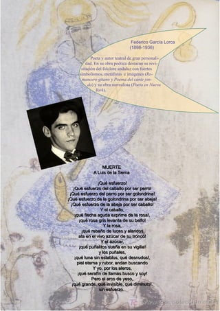 Federico García Lorca
                                       (1898-1936)

             Poeta y autor teatral de gran personali-
          dad. En su obra poética destacan su revi-
       sitación del folclore andaluz con fuertes
      simbolismos, metáforas e imágenes (Ro-
       mancero gitano y Poema del cante jon-
           do) y su obra surrealista (Poeta en Nueva
                York).




                   MUERTE
              A L u i s d e l a S e rn a

                 ¡Qué esfuerzo!
   ¡Qué esfuerzo del caballo por ser perro!
 ¡Qué esfuerzo del perro por ser golondrina!
¡Qué esfuerzo de la golondrina por ser abeja!
  ¡Qué esfuerzo de la abeja por ser caballo!
                   Y el caballo,
    ¡qué flecha aguda exprime de la rosa!,
       ¡qué rosa gris levanta de su belfo!
                     Y la rosa,
        ¡qué rebaño de luces y alaridos
       ata en el vivo azúcar de su tronco!
                   Y el azúcar,
       ¡qué puñalitos sueña en su vigilia!
                  y los puñales,
    ¡qué luna sin establos, qué desnudos!,
     piel eterna y rubor, andan buscando
              Y yo, por los aleros,
      ¡qué serafín de llamas busco y soy!
             Pero el arco de yeso,
  ¡qué grande, qué invisible, qué diminuto!,
                  sin esfuerzo.
 