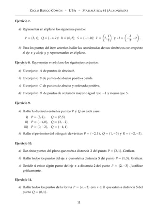 CICLO BÁSICO CÓMÚN – UBA – MATEMÁTICA 61 (AGRONOMÍA)
Ejercicio 7.
a) Representar en el plano los siguientes puntos:
P = (3, 1); Q = (−4, 2); R = (0, 2); S = (−1, 0); T = 5,
1
2
y U = −
3
2
, −2 .
b) Para los puntos del ítem anterior, hallar las coordenadas de sus simétricos con respecto
al eje x y al eje y y representarlos en el plano.
Ejercicio 8. Representar en el plano los siguientes conjuntos:
a) El conjunto A de puntos de abscisa 8.
b) El conjunto B de puntos de abscisa positiva o nula.
c) El conjunto C de puntos de abscisa y ordenada positiva.
d) El conjunto D de puntos de ordenada mayor o igual que −1 y menor que 5.
Ejercicio 9.
a) Hallar la distancia entre los puntos P y Q en cada caso:
i) P = (3, 2), Q = (7, 5)
ii) P = (−1, 0), Q = (3, −2)
iii) P = (0, −2), Q = (−4, 1)
b) Hallar el perímetro del triángulo de vértices P = (−2, 1), Q = (1, −3) y R = (−2, −3).
Ejercicio 10.
a) Dar cinco puntos del plano que estén a distancia 2 del punto P = (3, 1). Graﬁcar.
b) Hallar todos los puntos del eje x que estén a distancia 5 del punto P = (1, 3). Graﬁcar.
c) Decidir si existe algún punto del eje x a distancia 2 del punto P = (2, −3). Justiﬁcar
gráﬁcamente.
Ejercicio 11.
a) Hallar todos los puntos de la forma P = (a, −2) con a ∈ R que están a distancia 5 del
punto Q = (0, 1).
11
 