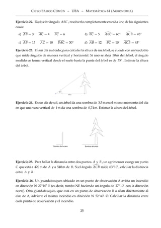 CICLO BÁSICO CÓMÚN – UBA – MATEMÁTICA 61 (AGRONOMÍA)
Ejercicio 22. Dado el triángulo ABC , resolverlo completamente en cada uno de los siguientes
casos:
a) AB = 3 AC = 4 BC = 6 b) BC = 5 ABC = 60◦ ACB = 45◦
c) AB = 13 AC = 10 BAC = 30◦ d) AB = 12 BC = 10 ACB = 45◦
Ejercicio 23. En un día nublado, para calcular la altura de un árbol, se cuenta con un teodolito
que mide ángulos de manera vertical y horizontal. Si uno se aleja 50m del árbol, el ángulo
medido en forma vertical desde el suelo hasta la punta del árbol es de 35◦ . Estimar la altura
del árbol.
Ejercicio 24. En un día de sol, un árbol da una sombra de 3,5m en el mismo momento del día
en que una vara vertical de 1m da una sombra de 0,74m. Estimar la altura del árbol.
Ejercicio 25. Para hallar la distancia entre dos puntos A y B, un agrimensor escoge un punto
C que está a 420m de A y a 540m de B. Si el ángulo ACB mide 63◦10 , calcular la distancia
entre A y B.
Ejercicio 26. Un guardabosques ubicado en un punto de observación A avista un incendio
en dirección N 27◦10 E (es decir, rumbo NE haciendo un ángulo de 27◦10 con la dirección
norte). Otro guardabosques, que está en un punto de observación B a 6km directamente al
este de A, advierte el mismo incendio en dirección N 52◦40 O. Calcular la distancia entre
cada punto de observación y el incendio.
25
 