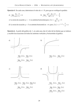 CICLO BÁSICO CÓMÚN – UBA – MATEMÁTICA 61 (AGRONOMÍA)
Ejercicio 5. En cada caso, determinar el valor de a ∈ R para que se veriﬁque lo pedido:
a) l´ım
x→+∞
3x − 5
ax + 1
= 6 b) l´ım
x→−∞
ax2 − 2x + 5
6x2 + 1
= −
2
3
c) La recta de ecuación y = −2 es asíntota horizontal para f (x) =
ax
3x − 1
+ 1
d) La recta de ecuación y = 3 es asíntota horizontal en +∞ para f (x) = e−x+3 +
1
x
+ a
Ejercicio 6. A partir del gráﬁco de f , en cada caso, dar el valor de los límites que se indican
y escribir las ecuaciones de todas las asíntotas verticales y horizontales al gráﬁco:
a)
3
−1
f
l´ım
x→3−
f (x), l´ım
x→3+
f (x)
l´ım
x→+∞
f (x), l´ım
x→−∞
f (x)
b)
f
l´ım
x→0+
f (x), l´ım
x→+∞
f (x)
c)
−2
f
l´ım
x→0−
f (x), l´ım
x→0+
f (x), l´ım
x→0
f (x)
l´ım
x→+∞
f (x), l´ım
x→−∞
f (x)
d)
2−3 f
l´ım
x→−3−
f (x) , l´ım
x→−3+
f (x)
l´ım
x→2−
f (x) , l´ım
x→2+
f (x)
l´ım
x→+∞
f (x) , l´ım
x→−∞
f (x)
29
 