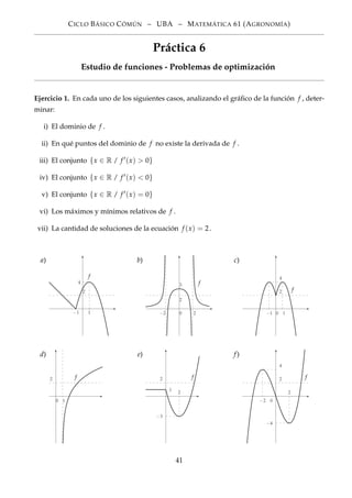 CICLO BÁSICO CÓMÚN – UBA – MATEMÁTICA 61 (AGRONOMÍA)
Práctica 6
Estudio de funciones - Problemas de optimización
Ejercicio 1. En cada uno de los siguientes casos, analizando el gráﬁco de la función f , deter-
minar:
i) El dominio de f .
ii) En qué puntos del dominio de f no existe la derivada de f .
iii) El conjunto {x ∈ R / f (x) > 0}
iv) El conjunto {x ∈ R / f (x) < 0}
v) El conjunto {x ∈ R / f (x) = 0}
vi) Los máximos y mínimos relativos de f .
vii) La cantidad de soluciones de la ecuación f (x) = 2.
a)
f
2
4
−1 1
b)
f
2
−2 2
3
0
c)
f2
4
−1 10
d)
f2
10
e)
f2
1
2
−3
f)
f2
−2
2
0
4
−4
41
 