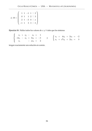 CICLO BÁSICO CÓMÚN – UBA – MATEMÁTICA 61 (AGRONOMÍA)
c) M =








1 1 −1 1
... 2
0 1 1 2
... 3
2 1 −3 0
... a
−1 1 3 3
... b








Ejercicio 19. Hallar todos los valores de a y b tales que los sistemas



x1 + x2 − x3 = 1
−2x1 − x2 + 3x3 = −3
x1 − ax3 = 2
y
x1 + 4x2 + 2x3 = −2
x1 + a2x2 + 2x3 = b
tengan exactamente una solución en común.
58
 