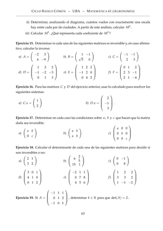 CICLO BÁSICO CÓMÚN – UBA – MATEMÁTICA 61 (AGRONOMÍA)
ii) Determinar, analizando el diagrama, cuántos vuelos con exactamente una escala
hay entre cada par de ciudades. A partir de este análisis, calcular M2 .
iii) Calcular M3 . ¿Qué representa cada coeﬁciente de M3 ?
Ejercicio 15. Determinar si cada una de las siguientes matrices es inversible y, en caso aﬁrma-
tivo, calcular la inversa:
a) A =
−2 3
6 −9
b) B =
1 −1
√
5 0
c) C =
−1 −1
2 3
d) D =




1 2 2
−1 −2 −3
0 1 3



 e) E =




1 2 2
−1 2 0
0 4 2



 f) F =




0 1 2
2 3 −1
2 1 −4




Ejercicio 16. Para las matrices C y D del ejercicio anterior, usar lo calculado para resolver los
siguientes sistemas:
a) C.x =
1
2
b) D.x =




2
−1
3



.
Ejercicio 17. Determinar en cada caso las condiciones sobre a, b y c que hacen que la matriz
dada sea inversible:
a)
a b
0 c
b)
a b
a b
c)




a 0 0
0 b 0
0 0 c




Ejercicio 18. Calcular el determinante de cada una de las siguientes matrices para decidir si
son inversibles o no:
a)
2 1
3 2
b)

 6
2
5
15 1

 c)
0 −1
0 8
d)




3 0 1
4 1 0
0 1 2



 e)




−2 1 1
0 7 8
4 5 6



 f)




1 2 2
3 3 2
1 −1 −2




Ejercicio 19. Si A =




−1 1 1
0 1 2
−1 0 k



 , determinar k ∈ R para que det(A) = 2.
63
 