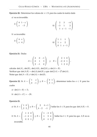 CICLO BÁSICO CÓMÚN – UBA – MATEMÁTICA 61 (AGRONOMÍA)
Ejercicio 20. Determinar los valores de x ∈ R para los cuales la matriz dada
a) no es inversible:
i)
4 1 − x
x −3 ii)




2 3 −4
−3 1 2
1 x − 1 −1




b) es inversible:
i)
4 x
x 4 ii)




1 1 1
1 x 2
0 1 x − 1




Ejercicio 21. Dadas
A =




2 0 −1
0 1 3
2 −1 0



 y B =




2 1 0
−2 0 1
1 2 0



 ,
calcular det(A), det(B), det(A.B), det(2A) y det(A + B).
Veriﬁcar que det(A.B) = det(A).det(B) y que det(2.A) = 23.det(A).
Notar que det(A + B) = det(A) + det(B).
Ejercicio 22. Si A =
1 a
0 −1
y B =
0 1
3 1
, determinar todos los a ∈ R para los
cuales
a) det(A + B) = 3;
b) det(A + At) = −29.
Ejercicio 23.
a) Si A =
1 0
2 2
y B =
2 k + 1
k − 2 −1
hallar los k ∈ R para los que det(A.B) = 0.
b) Si A =




1 2 0
−1 0 1
0 0 1



 y B =




1 −3 0
1 5 k
0 k 2



 hallar los k ∈ R para los que A.B no es
inversible.
64
 
