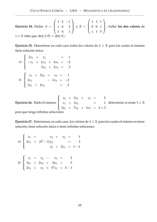 CICLO BÁSICO CÓMÚN – UBA – MATEMÁTICA 61 (AGRONOMÍA)
Ejercicio 24. Dadas A =




1 2 −1
x 0 3
1 4 1



 y B =




1 1 1
0 0 1
x 1 5



 , hallar los dos valores de
x ∈ R tales que det(A.B) = det(A).
Ejercicio 25. Determinar en cada caso todos los valores de k ∈ R para los cuales el sistema
tiene solución única:
a)



2x1 + x2 = 1
−x1 + kx2 + kx3 = −2
3x2 + 2x3 = 3
b)



x1 + 2x2 + x3 = 1
kx1 − kx3 = −2
3x1 + kx2 = k
Ejercicio 26. Dado el sistema



x1 + 2x2 + x3 = 2
x1 + 3x2 = 1
3x1 + 7x2 + kx3 = k + 3
determinar si existe k ∈ R
para que tenga inﬁnitas soluciones.
Ejercicio 27. Determinar, en cada caso, los valores de k ∈ R para los cuales el sistema no tiene
solución, tiene solución única o tiene inﬁnitas soluciones:
a)



x1 + x2 + x3 = 1
2x1 + (k2 − 3)x2 = 3
x2 + 2x3 = 1 − k
b)



x1 + x2 − x3 = 2
3x1 + 2x2 + 8x3 = 5
2x1 + x2 + k2x3 = k − 1
65
 