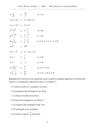 CICLO BÁSICO CÓMÚN – UBA – MATEMÁTICA 61 (AGRONOMÍA)
c)
1
√
a
y
√
a
a
(a > 0)
d) (a + b)2
y a2 + 2ab + b2
e) (a + b)2
y a2 + b2
f)
a + b
a
y 1 +
b
a
(a = 0)
g)
a + b
c
y
a
c
+
b
c
(c = 0)
h)
1
a + b
y
1
a
+
1
b
(a = 0 , b = 0 , a + b = 0)
i) a
5
3 y
3
√
a5
j) a2 − b2 y (a − b)(a + b)
k) a−1 y
1
a
(a = 0)
l) a−1 y −a (a = 0)
m)
a
b
−1
y
b
a
(a = 0, b = 0)
n)
a
b
:
c
d
y
ad
bc
(b = 0, c = 0, d = 0)
Ejercicio 6. En cada uno de los siguientes casos, escribir en lenguaje algebraico la información
relativa a un rectángulo utilizando la base b y la altura h:
a) La base excede en 2 unidades a la altura.
b) El perímetro del rectángulo es de 50cm.
c) La base es el doble de la altura.
d) El área del rectángulo es de 200cm2 .
e) La diagonal del rectángulo mide 5cm.
f) El rectángulo es un cuadrado.
g) La altura es igual a
2
5
de la base.
5
 
