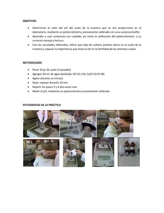 OBJETIVOS

      Determinar el valor del pH del suelo de la muestra que se nos proporciono en el
       laboratorio, mediante un potenciómetro, previamente calibrado con una sustancia buffer.
      Aprender a usar sustancias con cuidado, así como la calibración del potenciómetro y su
       correcto manejo y lectura.
      Con los resultados obtenidos, inferir que tipo de cultivos podrían darse en el suelo de la
       muestra y repasar la importancia que tiene el pH en la fertilidad de los distintos suelos.



METODOLOGÍA

      Pesar 10 gr de suelo (3 pesadas)
      Agregar 20 mL de agua destilada, KCl (0.1 N), CaCl2 (0.01 M)
      Agitar durante un minuto
      Dejar reposar durante 10 min
      Repetir los pasos 3 y 4 dos veces mas
      Medir el pH, mediante un potenciómetro previamente calibrado



FOTOGRAFIAS DE LA PRÁCTICA
 