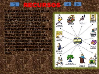 RECURSOS
El profesor presenta una lista de
páginas de Internet que ha
seleccionado en relación al eje
temático que se desarrolla en la
WebQuest (u otros recursos
previamente seleccionados, no
necesariamente en formato web), de
tal manera que los alumnos se
centran más en el análisis de la
información proporcionada . En
algunas WebQuests se incluye como
un contenido específico un apartado
con contenidos mínimos: un resumen
de los aspectos fundamentales del
tema.
 