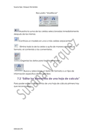 Susana Gpe. Vázquez Hernández


                          Recuadro “Modifecar”




     Muestra la suma de las celdas seleccionadas inmediatamente
después de las mismas


      Continúa un modelo en una o más celdas adyacentes

     Elimina todo lo de la celda o quita de manera selectiva el
formato, el contenido o los comentarios.




        Organiza los datos para facilitar el analisis




          Busca y selecciona un texto, un formato o un tipo de
información especifico dentro del libro

    7.2 “Editar los elementos de una hoja de calculo”
Para poder editar los elementos de una hoja de cálculo primero hay
que reconocerlos:




EDEUSA 2ºC
 