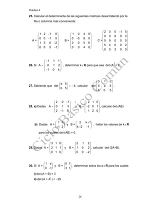 Práctica 4
26
25. Calcular el determinante de las siguientes matrices desarrollando por la
fila o columna más conveniente:
A =
1 2 1 0
0 0 1 0
1 3 0 2
0 0 5 1
−⎛ ⎞
⎜ ⎟
−⎜ ⎟
⎜ ⎟−
⎜ ⎟
−⎝ ⎠
B =
1 0 4 0
0 5 8 0
3 0 5 6
0 0 4 0
⎛ ⎞
⎜ ⎟
−⎜ ⎟
⎜ ⎟
⎜ ⎟
⎝ ⎠
C =
2 0 0 1 5
0 0 6 0 3
0 9 0 0 0
5 4 0 0 2
0 0 2 0 0
−⎛ ⎞
⎜ ⎟
⎜ ⎟
⎜ ⎟
⎜ ⎟
⎜ ⎟
⎜ ⎟
⎝ ⎠
26. Si
1 1 1
A 0 1 2
1 0 k
−⎛ ⎞
⎜ ⎟
= ⎜ ⎟
⎜ ⎟−⎝ ⎠
, determinar k∈R para que sea det (A) = 2.
27. Sabiendo que
⎛ ⎞
= −⎜ ⎟
⎝ ⎠
a 5
det 4,
b 5
calcular
−⎛ ⎞
⎜ ⎟
⎜ ⎟
⎜ ⎟
⎝ ⎠
3 1 2
det 5 a 5 .
5 b 5
28. a) Dadas
−⎛ ⎞ ⎛ ⎞
⎜ ⎟ ⎜ ⎟
= = −⎜ ⎟ ⎜ ⎟
⎜ ⎟ ⎜ ⎟−⎝ ⎠ ⎝ ⎠
2 0 1 2 1 0
A 0 1 3 y B 2 0 1
2 1 0 1 2 0
, calcular det (AB).
b) Dadas A =
1 0
1 2
⎛ ⎞
⎜ ⎟
−⎝ ⎠
y B =
2 k 1
k 2 1
+⎛ ⎞
⎜ ⎟
− −⎝ ⎠
, hallar los valores de k∈R
para los cuales det (AB) = 0.
29. Dadas A =
3 1 0
2 1 1
0 1 0
⎛ ⎞
⎜ ⎟
⎜ ⎟
⎜ ⎟
⎝ ⎠
y B =
2 1 2
1 0 2
0 0 2
⎛ ⎞
⎜ ⎟
⎜ ⎟
⎜ ⎟−⎝ ⎠
, calcular det (2A+B).
30. Si A =
1 a
0 1
⎛ ⎞
⎜ ⎟
−⎝ ⎠
y B =
0 1
3 1
⎛ ⎞
⎜ ⎟
⎝ ⎠
, determinar todos los a∈R para los cuales
i) det (A + B) = 3
ii) det (A + At
) = −29
 