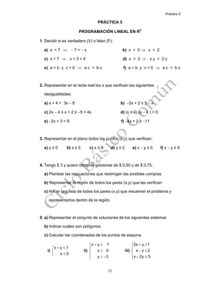 Práctica 5
31
PRÁCTICA 5
PROGRAMACIÓN LINEAL EN R2
1. Decidir si es verdadero (V) o falso (F):
a) x < 7 ⇒ − 7 < − x b) x < 0 ⇒ x < 2
c) x < 7 ⇒ x + 3 < 4 d) x < 2 ⇒ x y < 2 y
e) a < b y c > 0 ⇒ a c < b c f) a < b y c < 0 ⇒ a c > b c
2. Representar en la recta real los x que verifican las siguientes
desigualdades:
a) x + 4 < 3x − 8 b) −3x + 2 ≥ 5 − x
c) 2x − 4 ≤ x + 2 ≤ −5 + 4x d) (x + 3).(x − 4 ) > 0
e) −2x + 3 < 8 f) −4x + 2 ≥ −11
3. Representar en el plano todos los puntos (x,y) que verifican:
a) y ≥ 0 b) x ≥ 5 c) x ≤ 0 d) y ≥ 2 e) x − y ≤ 0 f) x − y ≥ 9
4. Tengo $ 3 y quiero comprar golosinas de $ 0,50 y de $ 0,75.
a) Plantear las inecuaciones que restringen las posibles compras
b) Representar la región de todos los pares (x,y) que las verifican
c) Hacer una lista de todos los pares (x,y) que resuelven el problema y
representarlos dentro de la región.
5. a) Representar el conjunto de soluciones de los siguientes sistemas
b) Indicar cuáles son polígonos
c) Calcular las coordenadas de los puntos de esquina
i)
+ ≤⎧
⎨
≤⎩
x y 1
x 0
ii)
+ ≤⎧
⎪
≤⎨
⎪ ≥ −⎩
x y 1
x 0
y 3
iii)
+ ≥⎧
⎪
− ≤⎨
⎪ + ≤⎩
2x y 1
x y 2
x 2y 5
 