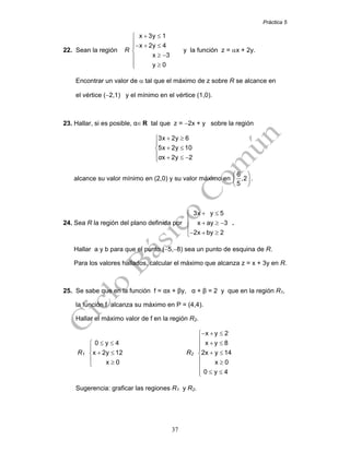 Práctica 5
37
22. Sean la región R
x 3y 1
x 2y 4
x 3
y 0
+ ≤⎧
⎪− + ≤⎪
⎨
≥ −⎪
⎪ ≥⎩
y la función z = αx + 2y.
Encontrar un valor de α tal que el máximo de z sobre R se alcance en
el vértice (−2,1) y el mínimo en el vértice (1,0).
23. Hallar, si es posible, α∈ R tal que z = −2x + y sobre la región
+ ≥⎧
⎪
+ ≤⎨
⎪ + ≤ −⎩
3x 2y 6
5x 2y 10
x 2y 2α
alcance su valor mínimo en (2,0) y su valor máximo en
⎛ ⎞
⎜ ⎟
⎝ ⎠
6
,2
5
.
24. Sea R la región del plano definida por
3x y 5
x ay 3
2x by 2
+ ≤⎧
⎪
+ ≥ −⎨
⎪− + ≥⎩
.
Hallar a y b para que el punto (−5,−8) sea un punto de esquina de R.
Para los valores hallados, calcular el máximo que alcanza z = x + 3y en R.
25. Se sabe que en la función f = αx + βy, α + β = 2 y que en la región R1,
la función f alcanza su máximo en P = (4,4).
Hallar el máximo valor de f en la región R2.
R1
≤ ≤⎧
⎪
+ ≤⎨
⎪ ≥⎩
0 y 4
x 2y 12
x 0
R2
− + ≤⎧
⎪ + ≤⎪⎪
+ ≤⎨
⎪ ≥
⎪
≤ ≤⎪⎩
x y 2
x y 8
2x y 14
x 0
0 y 4
Sugerencia: graficar las regiones R1 y R2.
 