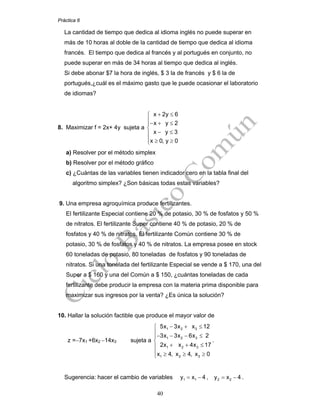 Práctica 6
40
La cantidad de tiempo que dedica al idioma inglés no puede superar en
más de 10 horas al doble de la cantidad de tiempo que dedica al idioma
francés. El tiempo que dedica al francés y al portugués en conjunto, no
puede superar en más de 34 horas al tiempo que dedica al inglés.
Si debe abonar $7 la hora de inglés, $ 3 la de francés y $ 6 la de
portugués,¿cuál es el máximo gasto que le puede ocasionar el laboratorio
de idiomas?
8. Maximizar f = 2x+ 4y sujeta a
x 2y 6
x y 2
x y 3
x 0, y 0
+ ≤⎧
⎪− + ≤⎪
⎨
− ≤⎪
⎪ ≥ ≥⎩
a) Resolver por el método simplex
b) Resolver por el método gráfico
c) ¿Cuántas de las variables tienen indicador cero en la tabla final del
algoritmo simplex? ¿Son básicas todas estas variables?
9. Una empresa agroquímica produce fertilizantes.
El fertilizante Especial contiene 20 % de potasio, 30 % de fosfatos y 50 %
de nitratos. El fertilizante Super contiene 40 % de potasio, 20 % de
fosfatos y 40 % de nitratos. El fertilizante Común contiene 30 % de
potasio, 30 % de fosfatos y 40 % de nitratos. La empresa posee en stock
60 toneladas de potasio, 80 toneladas de fosfatos y 90 toneladas de
nitratos. Si una tonelada del fertilizante Especial se vende a $ 170, una del
Super a $ 160 y una del Común a $ 150, ¿cuántas toneladas de cada
fertilizante debe producir la empresa con la materia prima disponible para
maximizar sus ingresos por la venta? ¿Es única la solución?
10. Hallar la solución factible que produce el mayor valor de
z =−7x1 +6x2 −14x3 sujeta a
1 2 3
1 2 3
1 2 3
1 2 3
5x 3x x 12
3x 3x 6x 2
2x x 4x 17
x 4, x 4, x 0
− + ≤⎧
⎪
− − − ≤⎪
⎨
+ + ≤⎪
⎪ ≥ ≥ ≥⎩
.
Sugerencia: hacer el cambio de variables 1 1y x 4= − , 2 2y x 4= − .
 