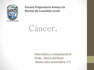 InformáticaycomputaciónII
Profa.:MaríadelRoció
lilianacalvoarmendàriz1°2
Cáncer.
Escuela Preparatoria Anexa a la
Normal de Cuautitlán Izcalli.
 