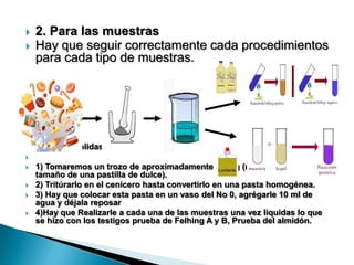  2. Para las muestras
 Hay que seguir correctamente cada procedimientos
para cada tipo de muestras.
 Muestras solidas

 1) Tomaremos un trozo de aproximadamente de 2 g (más o menos del
tamaño de una pastilla de dulce).
 2) Tritúrarlo en el cenicero hasta convertirlo en una pasta homogénea.
 3) Hay que colocar esta pasta en un vaso del No 0, agrégarle 10 ml de
agua y déjala reposar
 4)Hay que Realizarle a cada una de las muestras una vez liquidas lo que
se hizo con los testigos prueba de Felhing A y B, Prueba del almidón.
 
