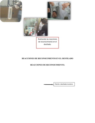 REACCIONES DE RECONOCIMIENTO EN EL DESTILADO
REACCIONES DE RECONOCIMIENTO.
Realizando las reacciones
de reconocimiento en el
destilado.
Patrón: destilado incoloro
 