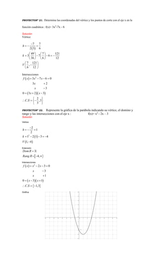 PROYECTONº 21. Determina las coordenadas del vértice y los puntos de corte con el eje x en la
función cuadrática : f(x)= 3x2
-7x - 6
Solución
Vértice
 
7 7
2 3 6
49 7 121
3 7 6
36 6 12
7 121
,
6 12
h
k
V

  
   
       
   
 
 
 
Intersecciones
 
  
2
3 7 6 0
3 2
3
0 3 2 3
2
. ,3
3
f x x x
x
x
x x
C S
   


  
 
   
 
PROYECTONº 22. Represente la gráfica de la parábola indicando su vértice, el domino y
rango y las intersecciones con el eje x : f(x)= x2
- 2x – 3
Solución
Vértice
 
 
2
2
1
2
1 2 1 3 4
1, 4
h
k
V

  
    

Extensión
 4,
Dom R
Rang R

  
Intersecciones
 
  
 
2
2 3 0
3
1
0 3 1
. 1,3
f x x x
x
x
x x
C S
   


  
  
Gráfica
 