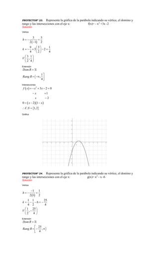 PROYECTONº 23. Represente la gráfica de la parábola indicando su vértice, el domino y
rango y las intersecciones con el eje x: f(x)= - x2
+3x -2
Solución
Vértice
 
3 3
2 1 2
9 3 1
3 2
4 2 4
3 1
,
2 4
h
k
V
  

 
     
 
 
 
 
Extensión
1
,
4
Dom R
Rang R


  
Intersecciones
 
  
 
2
3 2 0
1
2
0 2 1
. 1,2
f x x x
x
x
x x
C S
    
 

  
 
Gráfica
PROYECTONº 24. Represente la gráfica de la parábola indicando su vértice, el domino y
rango y las intersecciones con el eje x: g(x)= x2
- x -6
Solución
Vértice
 
1 1
2 1 2
1 1 25
6
4 2 4
1 25
,
2 4
h
k
V

  
    
 
 
 
Extensión
25
,
4
Dom R
Rang R


  
 