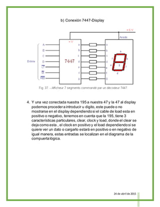 24 de abril de 2015
b) Conexión 7447-Display
4. Y una vez conectada nuestra 195 a nuestra 47 y la 47 al display
podemos procedera introducir u digito, este puede o no
mostrarse en el display dependiendosi el cable de load esta en
positivo o negativo, tenemos en cuenta que la 195, tiene 3
características particulares, clear, clock y load, donde el clear se
deja como esta , el clock en positivo y el load dependiendosi se
quiere ver un dato o cargarlo estará en positivo o en negativo de
igual manera, estas entradas se localizan en el diagrama de la
compuertalógica.
 