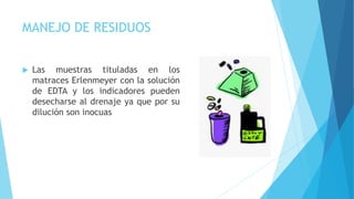 MANEJO DE RESIDUOS
 Las muestras tituladas en los
matraces Erlenmeyer con la solución
de EDTA y los indicadores pueden
desecharse al drenaje ya que por su
dilución son inocuas
 