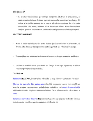 CONCLUSIÓN
• Se concluye manifestando que se logró cumplir los objetivos de esta práctica, es
decir, se determinó que el nitrato mercurio que estaba presente en las vísceras del
animal y la cual fue causante de su muerte, además de monitorear los principales
efectos que caso antes y después de la muerte del animal. Todo esto mediante
ensayos químicos colorimétricos y monitoreo de respuestas de forma organoléptica.
RECOMENDACIONES
- Al ser el nitrato de mercurio uno de los metales pesados estudiados en esta unidad, se
llevar a cabo el manejo de implementos de bioseguridad, que cubra nuestro cuerpo
- Tener cuidado con las sustancias de uso restringido o peligroso, para evitar accidentes.
- Desechar el material usado, y los restos del cobayo en un lugar seguro que no valla a
ocasionar problemas a la comunidad.
GLOSARIO:
Fulminato (Hg (CNO)2): usado como detonante. Es muy corrosivo y altamente venenoso.
Cloruro de mercurio (I) o calomelano: (Hg2Cl2): compuesto blanco, poco soluble en
agua. Se ha usado como purgante, antihelmíntico y diurético, y el cloruro de mercurio (II),
sublimado corrosivo, empleado como desinfectante. Fue el primer remedio eficaz contra la
sífilis.
Sulfuro de mercurio o cinabrio (HgS): mineral de color rojo púrpura, traslúcido, utilizado
en instrumental científico, aparatos eléctricos, ortodoncia, etc.
 