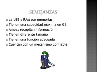  La USB y RAM son memorias 
 Tienen una capacidad máxima en GB 
 Ambas recopilan información 
 Tienen diferente tamaño 
 Tienen una función adecuada 
 Cuentan con un mecanismo confiable 
 