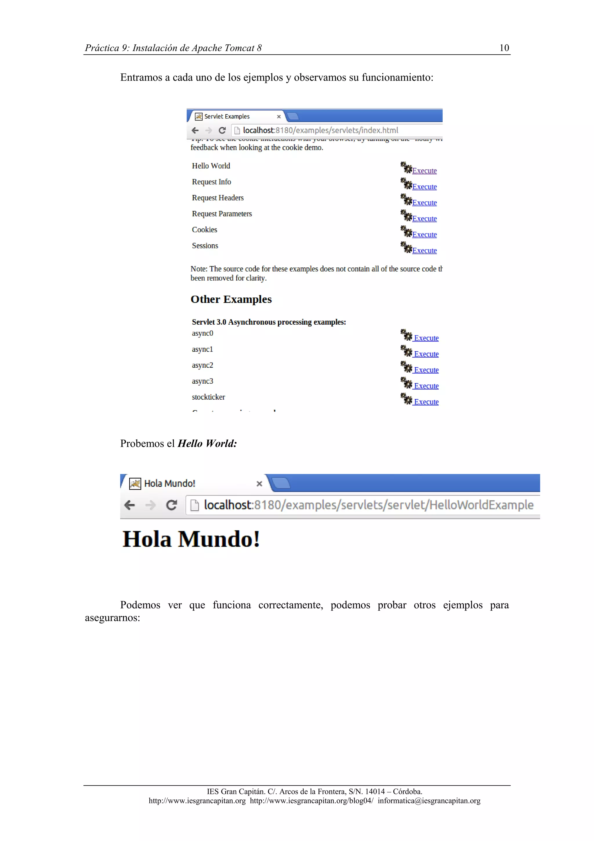 Práctica 9: Instalación de Apache Tomcat 8

10

Entramos a cada uno de los ejemplos y observamos su funcionamiento:

Probemos el Hello World:

Podemos ver que funciona correctamente, podemos probar otros ejemplos para
asegurarnos:

IES Gran Capitán. C/. Arcos de la Frontera, S/N. 14014 – Córdoba.
http://www.iesgrancapitan.org http://www.iesgrancapitan.org/blog04/ informatica@iesgrancapitan.org

 