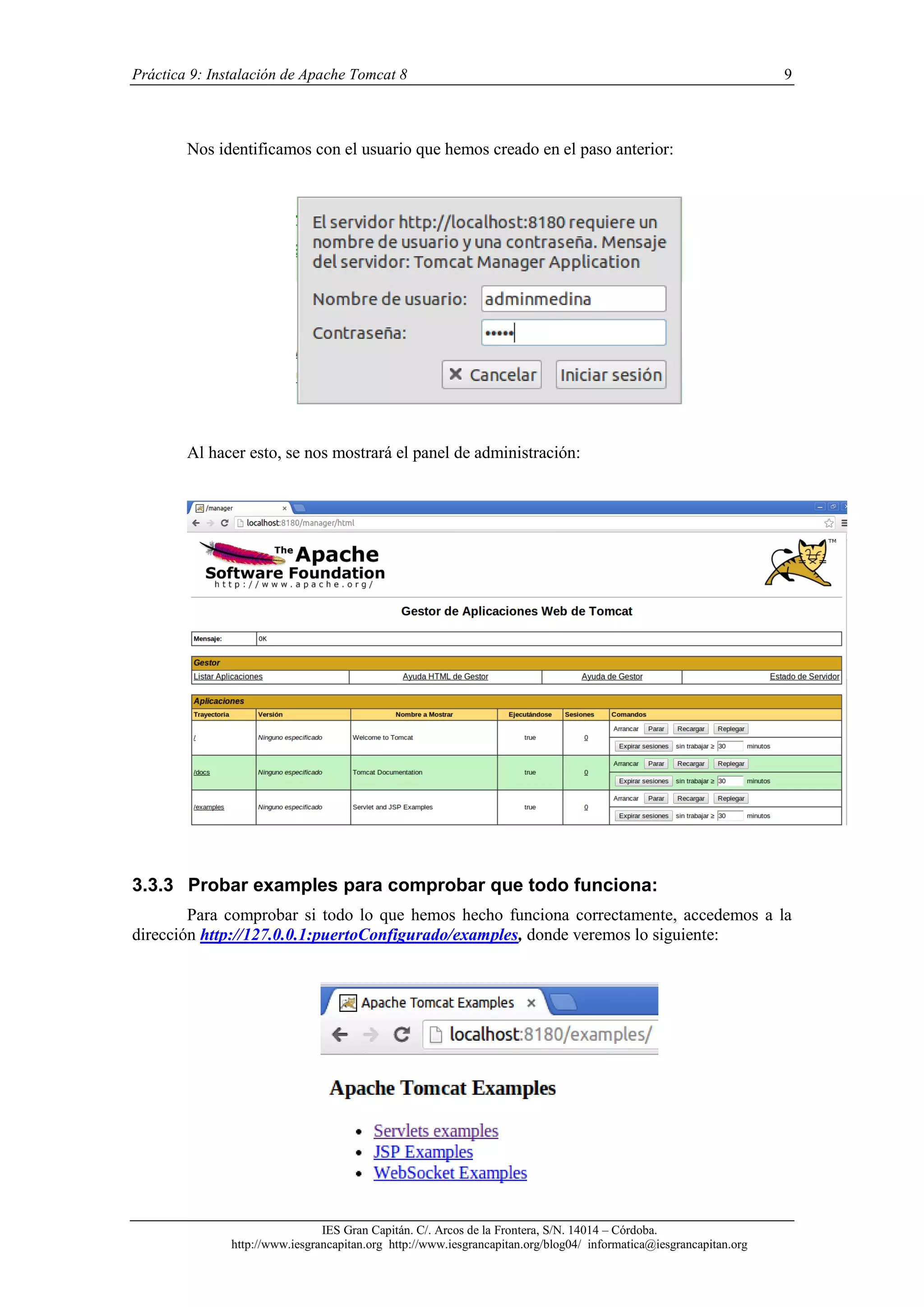 Práctica 9: Instalación de Apache Tomcat 8

9

Nos identificamos con el usuario que hemos creado en el paso anterior:

Al hacer esto, se nos mostrará el panel de administración:

3.3.3 Probar examples para comprobar que todo funciona:
Para comprobar si todo lo que hemos hecho funciona correctamente, accedemos a la
dirección http://127.0.0.1:puertoConfigurado/examples, donde veremos lo siguiente:

IES Gran Capitán. C/. Arcos de la Frontera, S/N. 14014 – Córdoba.
http://www.iesgrancapitan.org http://www.iesgrancapitan.org/blog04/ informatica@iesgrancapitan.org

 