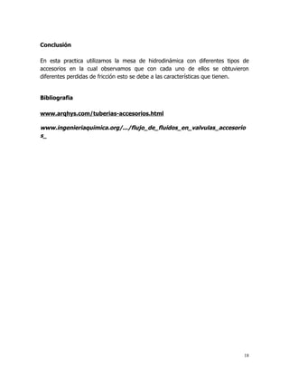 Conclusión

En esta practica utilizamos la mesa de hidrodinámica con diferentes tipos de
accesorios en la cual observamos que con cada uno de ellos se obtuvieron
diferentes perdidas de fricción esto se debe a las características que tienen.


Bibliografia

www.arqhys.com/tuberias-accesorios.html

www.ingenieriaquimica.org/.../flujo_de_fluidos_en_valvulas_accesorio
s_




                                                                            18
 