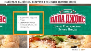 Насколько высоко мы взлетели с помощью экспресс-идеи?

•	 Выделились на рынке
	 пиццы
•	 Сделали это проще
	 и эмоциональнее, чем
	 конкуренты

 