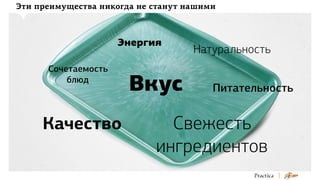 Эти преимущества никогда не станут нашими

Энергия
Сочетаемость
блюд

Качество

Вкус

Натуральность
Питательность

Свежесть
ингредиентов

 