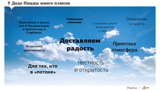 У Додо Пиццы много плюсов

Качественно и вкусно
(как в Макдональдсе)
и приятно (как в
Старбаксе)

Искренняя
увлеченность

Для тех, кто
в «потоке»

Глобальная
компания

Сочетание лучших
ингредиентов
и эмоций

Доставляем
радость
Честность
и открытость

Ожидаемая
скорость

Приятная
атмосфера

 