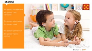 Sharing
Это делают потребители
Это делает сама
компания
Это делают в ресторане
Это делают дома
Это делают увлеченные
Это делают просто
занятые

 