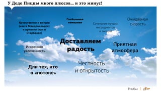 У Додо Пиццы много плюсов… и это минус!

Качественно и вкусно
(как в Макдональдсе)
и приятно (как в
Старбаксе)

Искренняя
увлеченность

Для тех, кто
в «потоке»

Глобальная
компания

Сочетание лучших
ингредиентов
и эмоций

Доставляем
радость
Честность
и открытость

Ожидаемая
скорость

Приятная
атмосфера

 