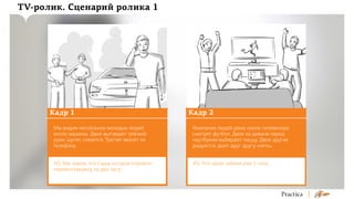 TV-ролик. Сценарий ролика 1

Кадр 1

Кадр 2

Мы видим нескольких молодых людей
около машины. Двое вытирают тряпкой
руки, шутят, смеются. Третий звонит по
телефону.

Компания людей дома около телевизора
смотрят футбол. Двое на диване перед
ноутбуком выбирают пиццу. Двое других
радуются, дают друг другу «пять».

VO: Мы знаем, что Саша сегодня отремонтировал машину за два часа.

VO: Что наши забили уже 2 гола.

 