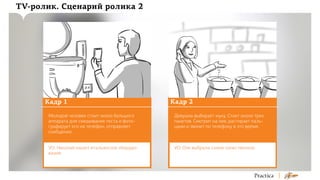 TV-ролик. Сценарий ролика 2

Кадр 1

Кадр 2

Молодой человек стоит около большого
аппарата для смешивания теста и фотографирует его на телефон, отправляет
сообщение.

Девушка выбирает муку. Стоит около трех
пакетов. Смотрит на нее, растирает пальцами и звонит по телефону в это время.

VO: Николай нашел итальянское оборудование.

VO: Оля выбрала самое качественное.

 