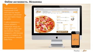 Online-активность. Механика
Приложение для
социальный сетей
«конструктор пиццы»
связанное с реальным
конструктором пиццы
на сайте.
С сайта dodopizzа.ru
можно добавить
собранную пиццу на
стену другу или в свое
приложение. Можно
придумать собственную
пиццу и отправить на
рассмотрение поварам
Dodo Pizza.

 