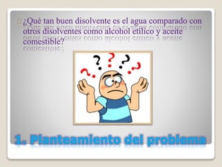 ¿Qué tan buen disolvente es el agua comparado con 
otros disolventes como alcohol etílico y aceite 
comestible? 
 