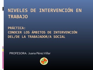 NIVELES DE INTERVENCIÓN EN
TRABAJO
PRÁCTICA:
CONOCER LOS ÁMBITOS DE INTERVENCIÓN
DEL/DE LA TRABAJADOR/A SOCIAL
PROFESORA: Juana PérezVillar
 