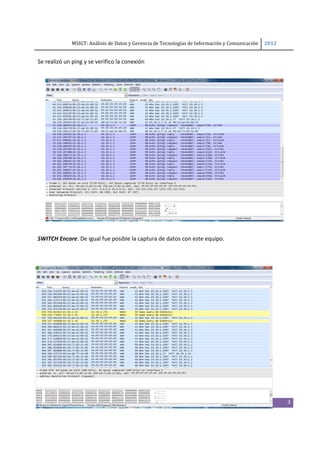MSIGT: Análisis de Datos y Gerencia de Tecnologías de Información y Comunicación  2012 

 
Se realizó un ping y se verifico la conexión 




 

SWITCH Encore. De igual fue posible la captura de datos con este equipo.  

 




                                                                                                        3
 
 