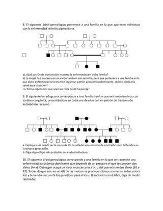 8. El siguiente árbol genealógico pertenece a una familia en la que aparecen individuos
con la enfermedad retinitis pigmentaria.
a) ¿Qué patrón de transmisión muestra la enfermedad en dicha familia?
b) La mujer IV-2 se casa con un varón también con retinitis, pero que pertenece a una familia en la
que dicha enfermedad se transmite según un patrón autosómico dominante. ¿Cómo explicaría
usted esta situación?
c) ¿Cómo esperamos que sean los hijos de dicha pareja?
9. El siguiente heredograma corresponde a tres familias en las que existen miembros con
sordera congénita, presentándose en cada una de ellas con un patrón de transmisión
autosómico recesivo
a. Explique cuál puede ser la causa de los resultados aparentemente contradictorios obtenidos en
la tercera generación
b. Diga el genotipo más probable para estos individuos.
10. El siguiente árbol genealógico corresponde a una familia en la que se transmite una
enfermedad autosómica dominante que depende de un gen para el que se conocen dos
alelos (A>a). Dicho gen ocupa un locus muy cercano a otro del que existen dos alelos (B1 y
B2). Sabiendo que sólo en un 4% de las meiosis se produce sobrecruzamiento entre ambos
loci y teniendo en cuenta los genotipos para el locus B anotados en el árbol, diga de modo
razonado:
 