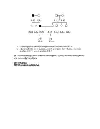 a. Cuál es el genotipo y fenotipo más probable para los individuos III-1 y III-2?
b. ¿Qué probabilidad hay de que aparezca en la generación III un individuo enfermo de
genotipo B1B2? ¿y sano de genotipo B1B1?.
11. Esquematice los patrones de herencia monogénica común, poniendo como ejemplo
una enfermedad hereditaria
CONCLUSIONES
REFERENCIAS BIBLIOGRAFICAS
 