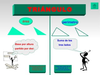 TRIÁNGULO
      área                                      perímetro




                                        Suma de los
Base por altura                           tres lados
partido por dos




             Pulsa aquí para ver el   Pulsa aquí para ver el
                desarrollo de la         desarrollo de la
               fórmula del área       fórmula del perímetro
 