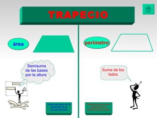 TRAPECIO

área                                        perímetro



        Semisuma
       de las bases                                       Suma de los
       por la altura                                        lados




                   Pulsa aquí para ver el   Pulsa aquí para ver el
                      desarrollo de la         desarrollo de la
                     fórmula del área       fórmula del perímetro
 