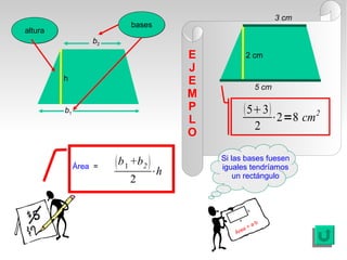 3 cm
                           bases
altura
                  b2
                                          E             2 cm
                                          J
         h                                E                    5 cm
                                          M
         b1                               P              53 
                                          L                         ⋅2=8 cm2
                                                               2
                                          O

                                              Si las bases fuesen
              Área =    b 1 +b2             iguales tendríamos
                                     ⋅h           un rectángulo
                           2

                                                         b

                                                   a
                                                           a   ·b
                                                        a=
                                                  Áre
 