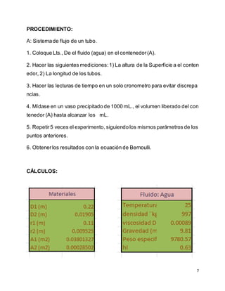 7
PROCEDIMIENTO:
A: Sistemade flujo de un tubo.
1. Coloque Lts., De el fluido (agua) en el contenedor(A).
2. Hacer las siguientes mediciones:1) La altura de la Superficie a el conten
edor, 2) La longitud de los tubos.
3. Hacer las lecturas de tiempo en un solo cronometro para evitar discrepa
ncias.
4. Mídase en un vaso precipitado de 1000 mL., el volumen liberado del con
tenedor (A) hasta alcanzar los mL.
5. Repetir5 veces el experimento, siguiendo los mismos parámetros de los
puntos anteriores.
6. Obtenerlos resultados con la ecuación de Bernoulli.
CÁLCULOS:
 